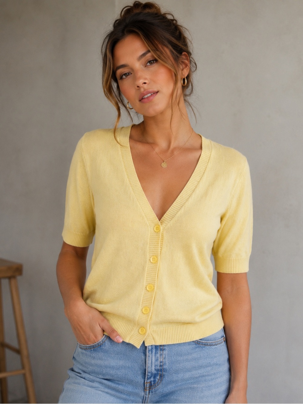 Butter Yellow Short Sleeve Button Cardigan Sweater Soft Preppy Cottagecore